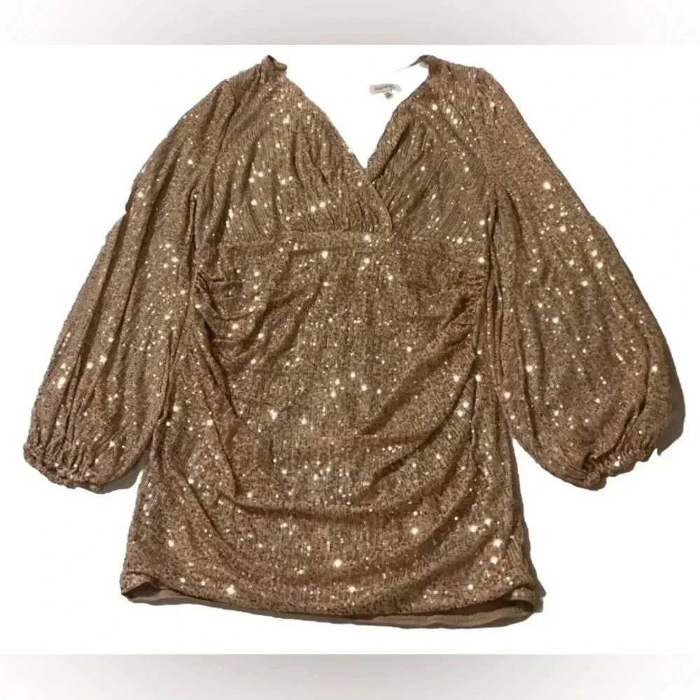 Plus Size 2X Glitter Sequence Ruched Wrap V Neck Body Con Dress Bishop Sleeve